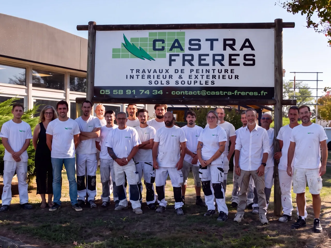 L'équipe de Castra Frères réunie devant l'enseigne de l'entreprise, à Saint-Paul-lès-Dax